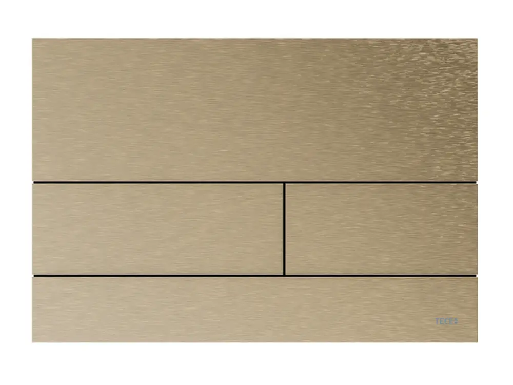Metallene WC-Betätigungsplatte in Nickel gebürstet mit Anti-Fingerprint-Oberfläche von TECE, zwei separate Betätigungselemente, schlichtes, gerades Design.